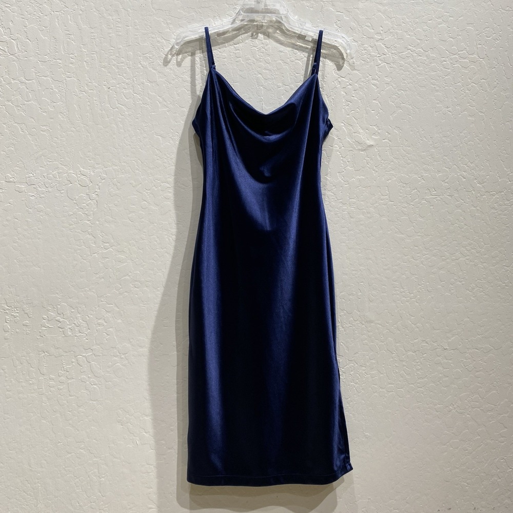 Womens Satin Slip Dress M Navy Blue Cowl Neck Midi Cocktail Party Wedding Guest